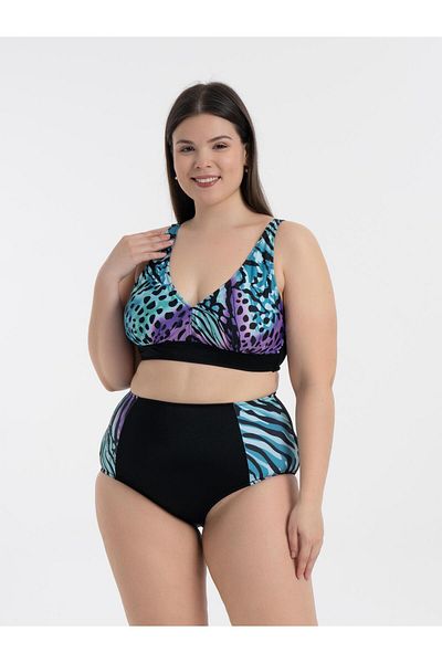 AQUAVİVA Aquaviva Women's Plus Size Black Saks Purple Mixed Pattern Nadide Bikini Set
