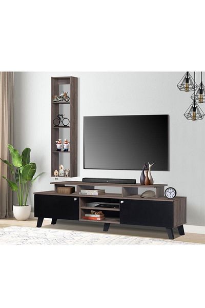 House One TV Table|Modern MDF TV Cabinet with Shelves and Storage Capacity Suitable -Black&Brown-160x40x50cm