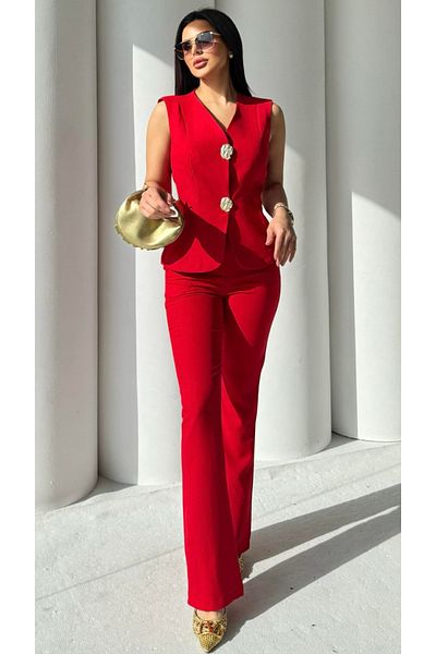 pembekurdelem Women's Gold Button Vest, Red Pants Set