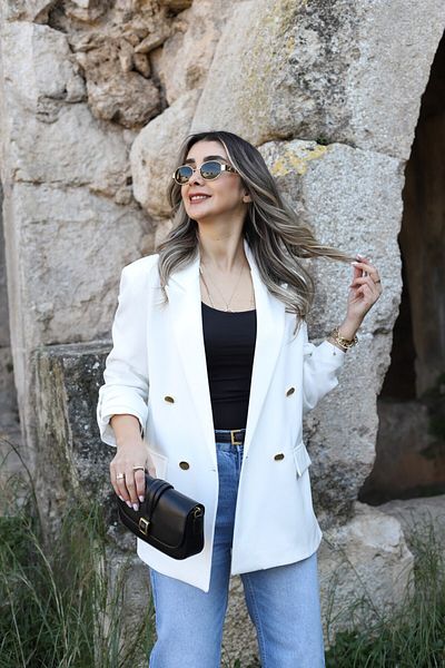 bytugcekaya White Sleeve Layered Gold Button Blazer