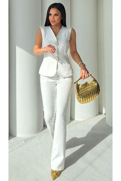 pembekurdelem Gelbir Silver Buttoned Vest Trousers Suit White