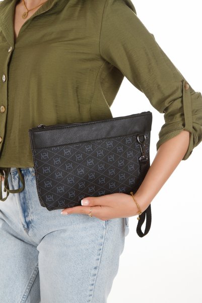 CERFF LEATHER CLUP Siyah Vegan Deri & Bilek Askılı El Çantası