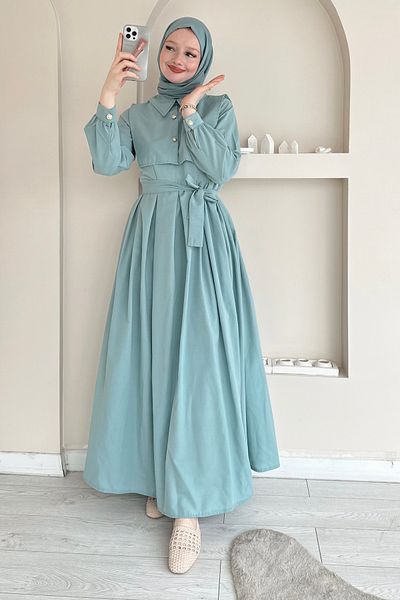 ButikMoor Mo336 Turquoise Dress with Collar Detail