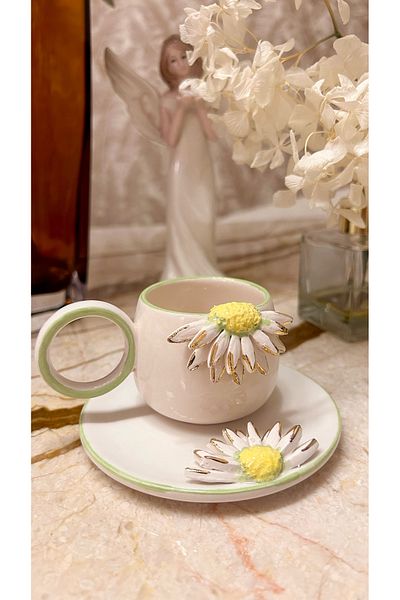 Port Aksesuar Daisy Designed 24K Gold Decorated Handmade Ceramic Cup 120ml