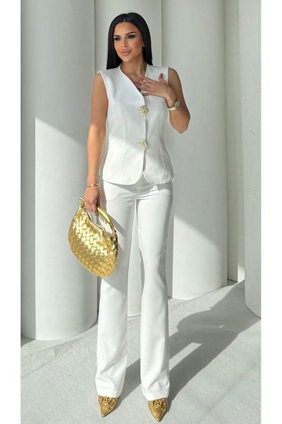 pembekurdelem Gelbir Silver Buttoned Vest Trousers Suit White