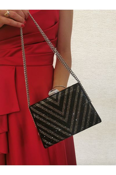 NAZART Γυναικείο πέτρινο μαύρο βραδινό φόρεμα Clutch Chain Strap Hand Wedding Engagement Night Shoulder Bag