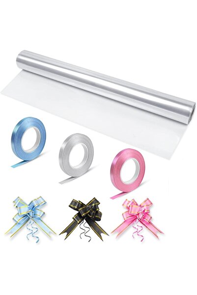 Home Zone لفافة تغليف هدايا من السيلوفان الشفاف مع 30 فيونكة سحب، و3 لفات شري...