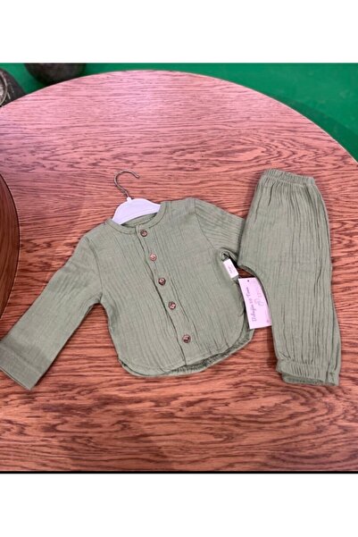 Bebeğin 50 Tonu Baby Boy Muslin Fabric Khaki Cream 2-Piece Set 5-Button Oval ...