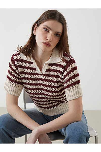 LC Waikiki Burgundy Polo Neck Openwork Women's Knitwear Sweater