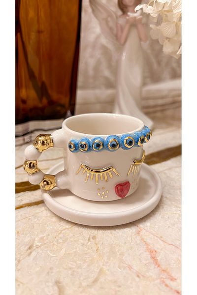 Port Aksesuar Evil Eye Crown Ornate Girl 24K Gold Decorated Handmade Ceramic Cup 120ml