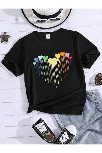 MAGORS Tricou pentru copii din bumbac pieptănat cu imprimeu cu vopsea neagră pentru fetiță