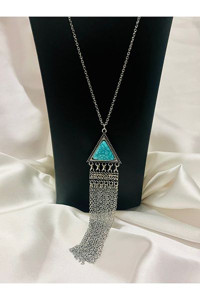 COCOSH TAKI Silver Color Chain Turquoise Color Detailed Multiple Long Tassel Necklace