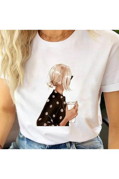 THİS GYOX Women's Printed Detail Oversize Bol Cut T-Shirt with Cycling Neck