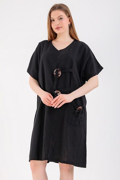 AYASOFYA OTANTIK Rochie midi neagră, 100% bumbac, cu mânecă scurtă, cu două buzunare britanice în față