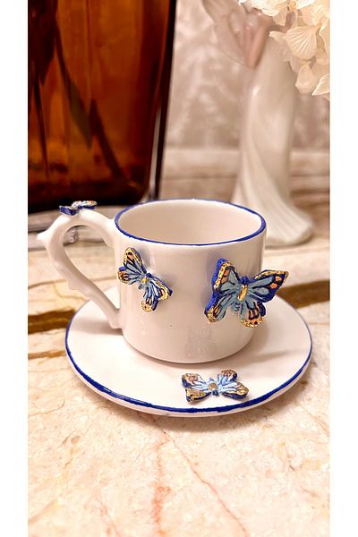 Port Aksesuar Blue Butterflies Handmade Ceramic Cup with 24K Gold Decor 120ml