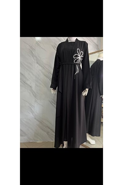 DİLEKBUTİK Μαύρο λουλούδι με λεπτομέρειες διπλό abaya, μηδενικό μανίκι εσωτερικά φόρεμα abaya