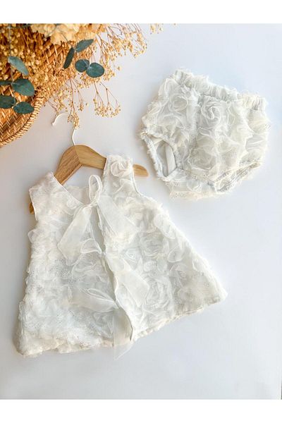 PİTABABY 2-Piece Glittery White Rose Motif Girl's Dress