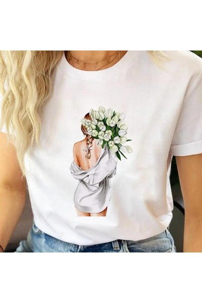 THİS GYOX Women's Printed Detail Oversize Bol Cut T-Shirt with Cycling Neck