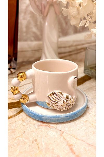 Port Aksesuar Handmade Ceramic Cup with Floating Swan Design 24K Gold Decor 120ml