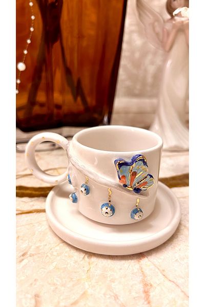 Port Aksesuar Cute Butterfly 24K Gold Decorated Handmade Ceramic Cup 120ml