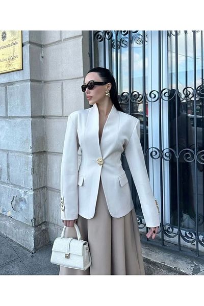Askı Nişantaşı Premium Blazer Jacket with Cream Shawl Collar, Large Metal Gold Buttons, Ornamental Pockets on the Front