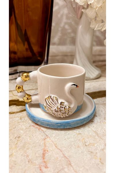 Port Aksesuar Handmade Ceramic Cup with Floating Swan Design 24K Gold Decor 120ml