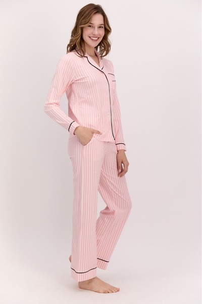 Pierre Cardin Kadın Pembe Çizgili Pamuklu Modal Boydan Patlı Kutulu Pijama Takımı Q9.U.8O.K7.K.A6.P.C