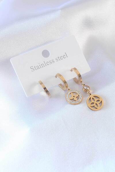 USLUCAN ALIŞVERİŞ 316L Steel Gold Color Flower Model Zircon Stone Women's Ear...