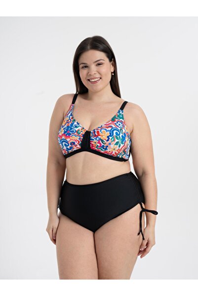 AQUAVİVA Aquaviva Women's Plus Size Black Color Flower Pattern Katrina Gathering High Waist Bikini Set