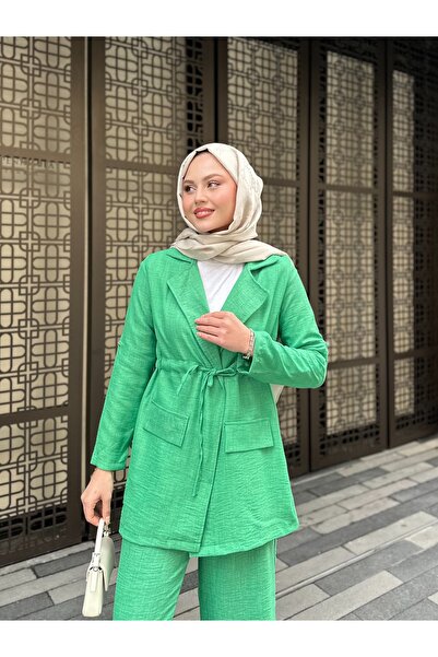 VOLT CLOTHİNG Women's Waist Drawstring Linen Jacket Pants Set