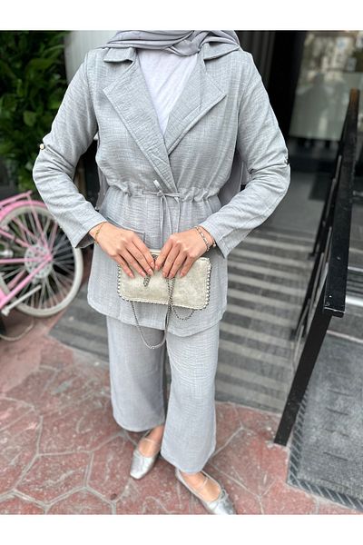 VOLT CLOTHİNG Damen-Jacken-Hosen-Set aus Leinen mit geraffter Taille