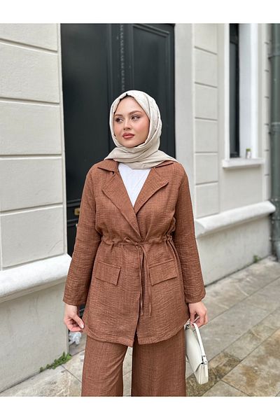 VOLT CLOTHİNG Σετ παντελόνι γυναικείο λινό μπουφάν με κορδόνι μέσης