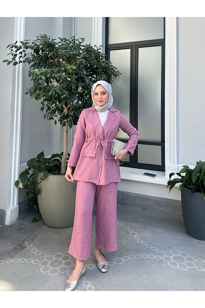 VOLT CLOTHİNG Kadın Bel Büzgülü Keten Ceket Pantolon Takım