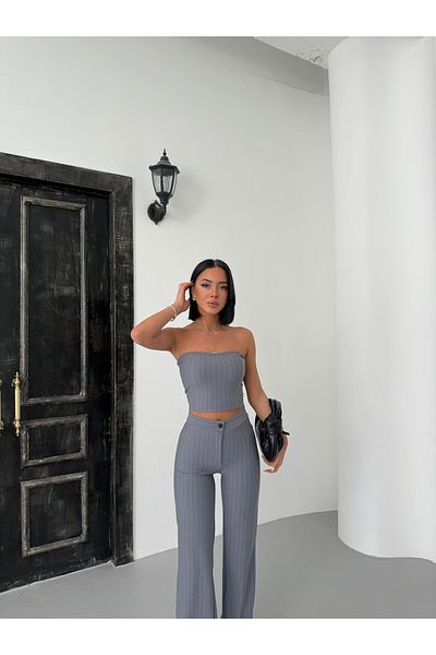 alenmoda طقم بوستير وبنطلون نسائي مخطط بدون حمالات