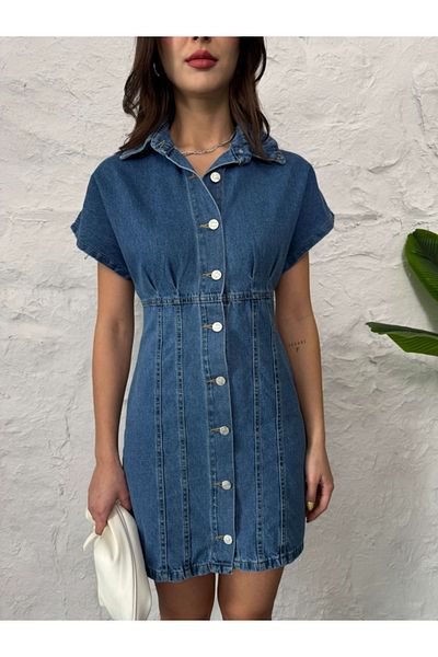 Elif Özbey Butik Rochie de jeans cu mânecă scurtă cu detaliu albastru