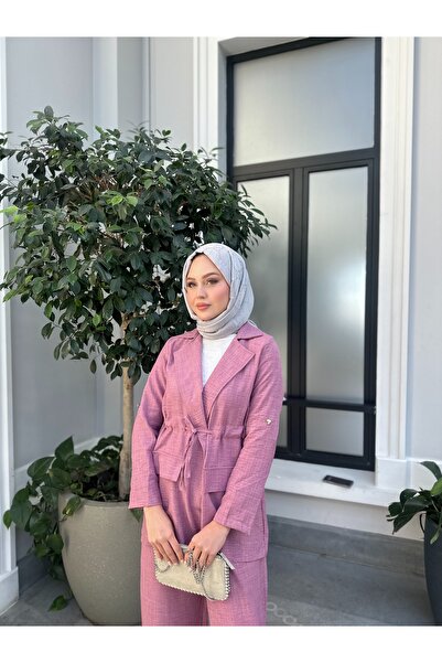 VOLT CLOTHİNG Women's Waist Drawstring Linen Jacket Pants Set