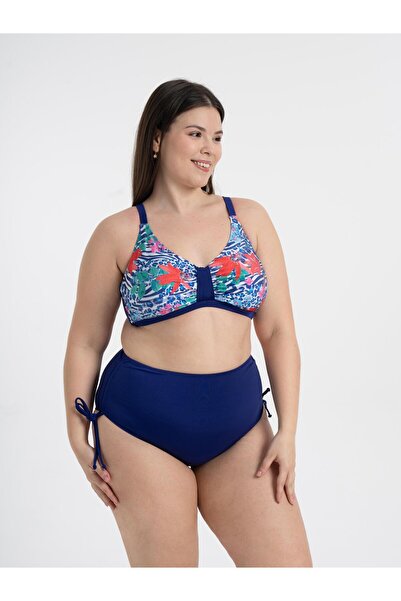 AQUAVİVA Aquaviva Women's Plus Size Navy Blue Flower Pattern Katrina Gathering High Waist Bikini Set