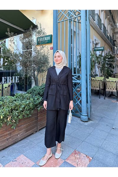 VOLT CLOTHİNG Kadın Bel Büzgülü Keten Ceket Pantolon Takım