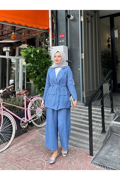 VOLT CLOTHİNG Kadın Bel Büzgülü Keten Ceket Pantolon Takım