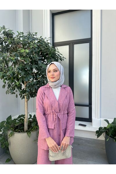 VOLT CLOTHİNG Kadın Bel Büzgülü Keten Ceket Pantolon Takım