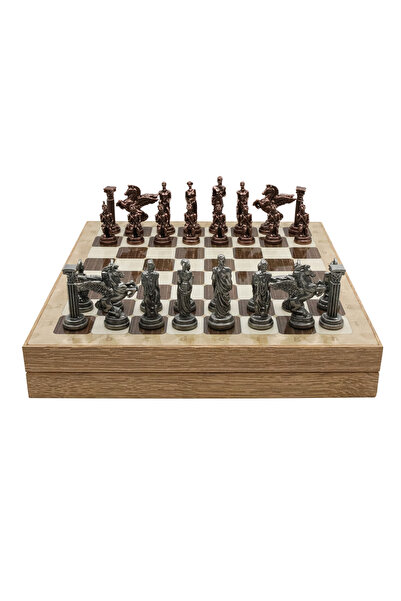 Cooper Chess 36cm Meşe Desenli Kutulu | Bronz Metal Mitolojik Pegasus Satranç Takımı | Kişiye Özel Etiketli