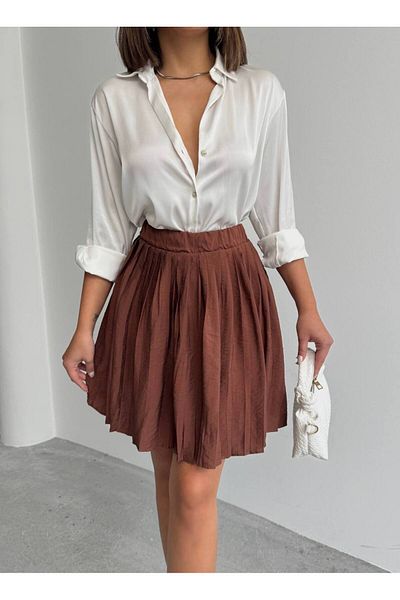 alenmoda Γυναικεία Μίνι Φούστα Καφέ Modal με Πλισέ σορτς