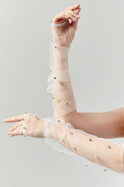 Grace Beauties White Long Tulle Gloves with Shiny Stones