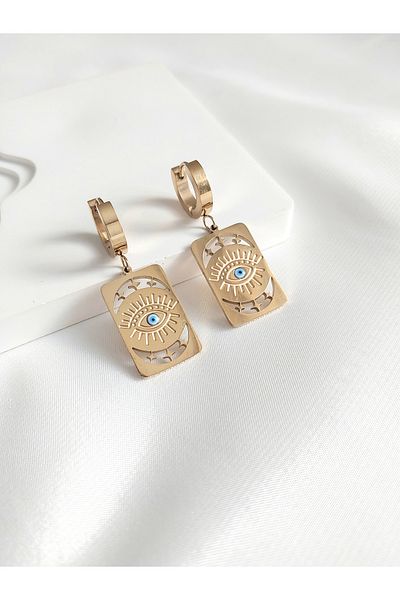 Alexis Carrel Women's Gold Steel Earrings, Rectangular Plate Model Blue Evil Eye Beaded Eye Design Earrings