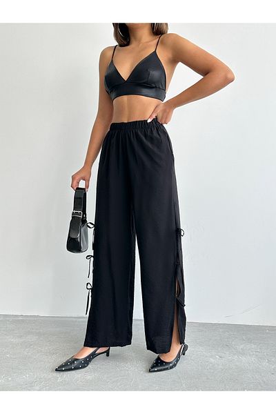 alenmoda Women's Black New Elastic Waist Side Slit Modal Textured Bow Brshka Trousers