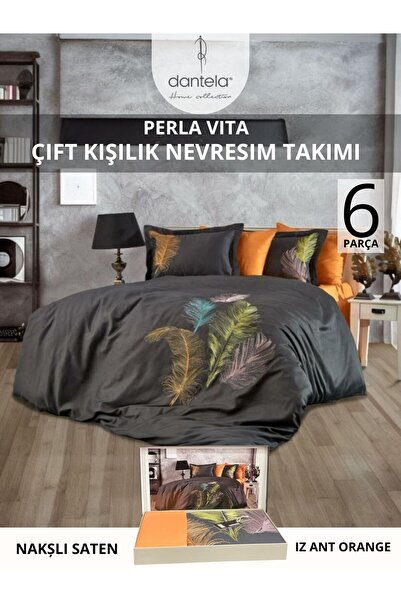 Dantela IZ ANTRASIT ORANGE Nakışlı Pamuk Saten Nevresim Takımı 6 parca
