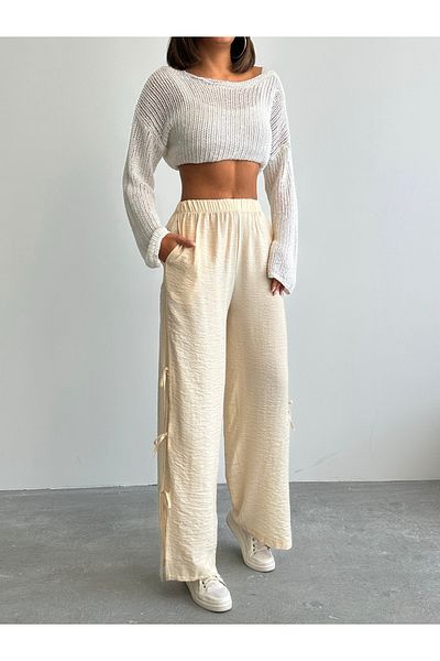 alenmoda Women's Beige New Elastic Waist Side Slit Modal Textured Bow Brshka Trousers