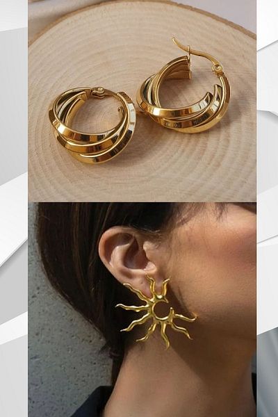 Perry Accesories أقراط على شكل شمس وأقراط دائرية ثلاثية من الفولاذ مجموعة أقراط مزدوجة