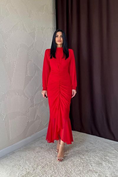 leyla sanat sanata yeni bir bakış açısı Leyla Art Art a New Perspective Red Front Gathered Chiffon Dress