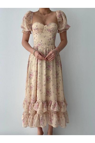 modaserdem Women's Chiffon Fabric Digital Pattern Printed Night-Graduation-Wedding-Evening Dress